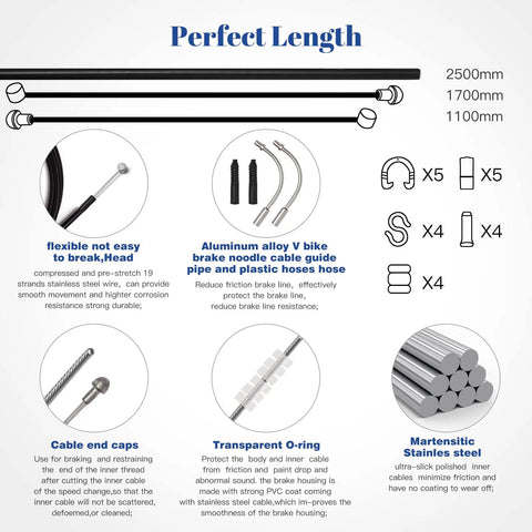 Diagram of Bike Brake Cable Housing Kit With Complete 5mm Brake Line Set 2.5m, features and components breakdown.