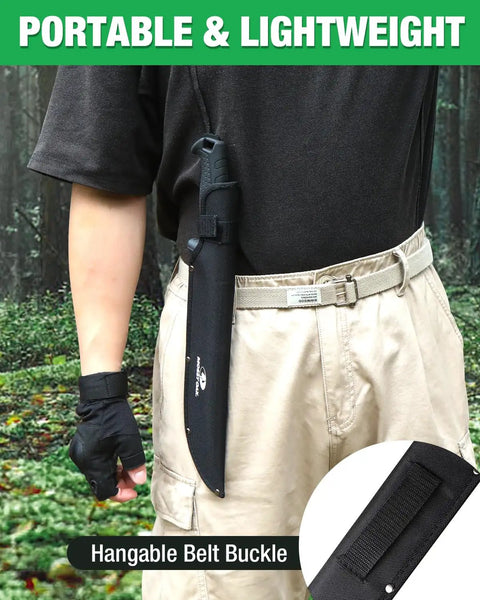 Person wearing 16 Inch Heavy Duty Machete With Saw And Sheath For Camping, Hunting, And Jungle Clearing on belt in forest