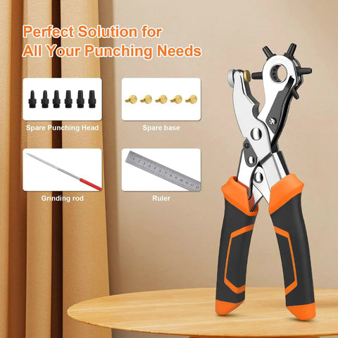 Heavy Duty Revolving Punch Plier Kit With Five Replaceable Bases And Six Punch Heads For Leather Belts Watch Bands Saddles Rubber And Craft Projects Pro Grade For DIY Home Use Everyday Workshop Ready with accessories