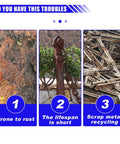Comparison image showing rust, short lifespan, and metal recycling with warning text "Do you have this troubles"