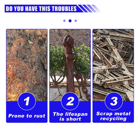 Comparison image showing rust, short lifespan, and metal recycling with warning text "Do you have this troubles"