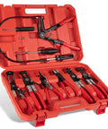 Front view of red open case with a 9-piece hose clamp pliers set for automotive coolant, radiator and heater hoses