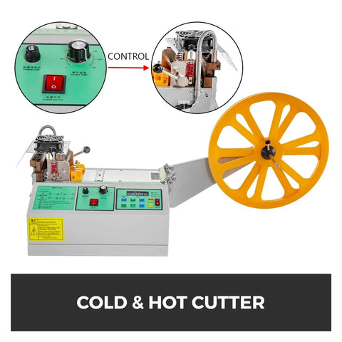 AOXHUGB Automatic Computer Cloth Tape Cutter With Hot Cold Knife showing control panel and cutting wheel for precise cuts.