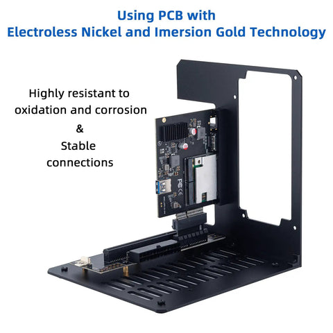 Thunderbolt Four External GPU Enclosure With USB Four Support for NVIDIA and AMD Graphics Cards featuring PD Eighty Five Watt Charging and ATX Power, showcasing an open chassis with PCB.