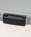 Close-up of black latch detail on the gray Airtight Pet Food Storage Container With Scoop Big 69 Quart Capacity For Dry Dog Food Cat Kibble And Bird Seed BPA Free FDA Grade Materials Removable Wheels Gray