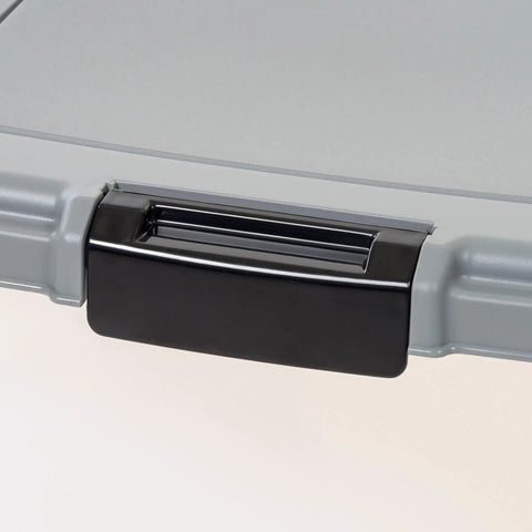 Close-up of black latch detail on the gray Airtight Pet Food Storage Container With Scoop Big 69 Quart Capacity For Dry Dog Food Cat Kibble And Bird Seed BPA Free FDA Grade Materials Removable Wheels Gray
