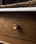 Antique Brass Cabinet Knobs Set 2 Pack installed on wooden dresser, showing classic finish and durable zinc alloy makeup.