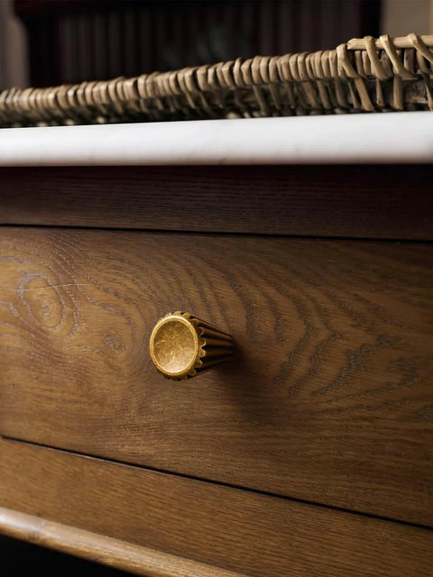 Antique Brass Cabinet Knobs Set 2 Pack installed on wooden dresser, showing classic finish and durable zinc alloy makeup.