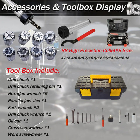 Real Deal Benchtop Milling Machine With 1100W Brushless Motor And Variable Speed Control featuring toolbox accessories and R8 collets.