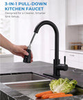 VFAUOSIT Kitchen Faucet with Pull Down Sprayer, Matte Black High Arc in use, featuring a hand sprayer and fresh vegetables.