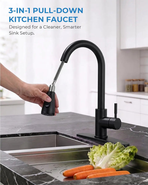 VFAUOSIT Kitchen Faucet with Pull Down Sprayer, Matte Black High Arc in use, featuring a hand sprayer and fresh vegetables.