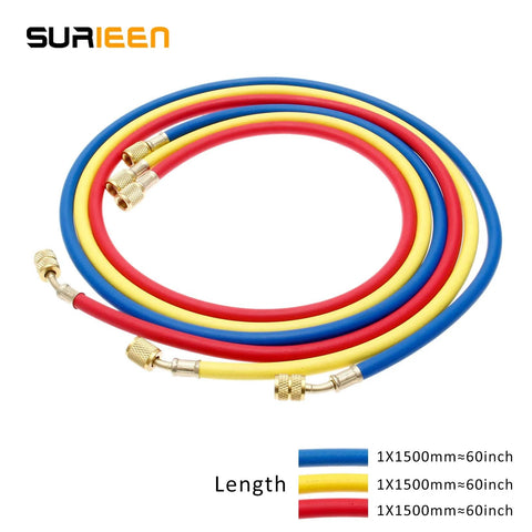 SURIEEN refrigerant charging hoses set, 60in length, color-coded blue/red/yellow with 1/4 SAE to 5/16 SAE fittings, 3 pcs for R410A/R32 HVAC