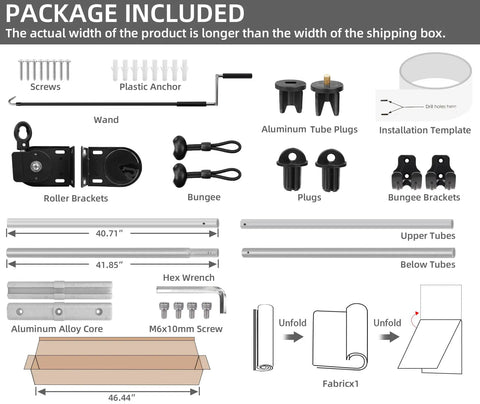Cordless Exterior Patio Roller Shade package contents and assembly components with installation guide.