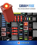 Glow When Blown LED Auto Fuse Kit illuminating blown fuse in vehicle fuse box, showcasing 30 pcs premium set with LED alert