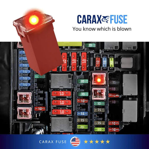 Glow When Blown LED Auto Fuse Kit illuminating blown fuse in vehicle fuse box, showcasing 30 pcs premium set with LED alert