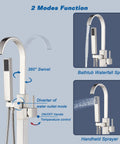 Pro Grade Floor Mount Tub Filler Freestanding Bathtub Faucet With Brushed Nickel Finish showing 360° swivel and handheld sprayer