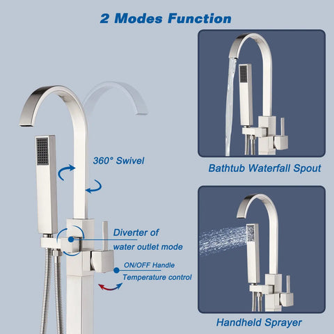 Pro Grade Floor Mount Tub Filler Freestanding Bathtub Faucet With Brushed Nickel Finish showing 360° swivel and handheld sprayer