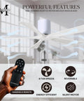 52 Inch Damp Rated Flush Mount Ceiling Fan With Super Quiet DC Motor And Dual Remote Wall Controls showing solid wood blades and remote.