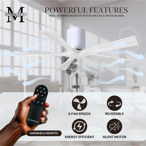 52 Inch Damp Rated Flush Mount Ceiling Fan With Super Quiet DC Motor And Dual Remote Wall Controls showing solid wood blades and remote.