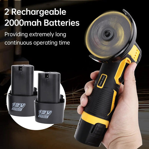 Cordless 21V Mini Handheld Angle Grinder Kit with 2 Rechargeable Batteries shown in hand, highlighting quick change spindle.