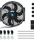 Knockout 10 Inch 12 Volt Universal Slim Pull Push Electric Radiator Cooling Fan With Mounting Kit Black components including fan, clamps and ties.