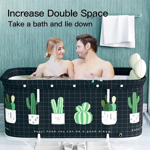 Couple in Foldable Portable Bathtub for Home Spa Use Easy Setup in Minutes No Pump Needed Large Capacity Soaking Tub with cactus design