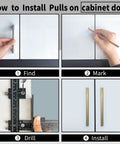 Instructions showing steps to use Heavy Duty All Aluminum Cabinet Hardware Jig With Three Precision Point Drill Bits For Straight Up Door Hinge Positioning And Top Tier Diy Woodworking Crafts.