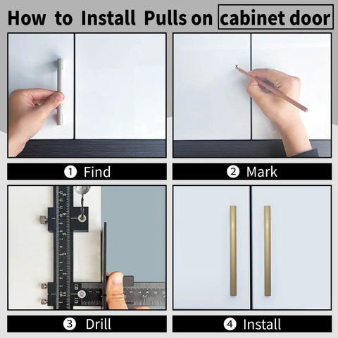 Instructions showing steps to use Heavy Duty All Aluminum Cabinet Hardware Jig With Three Precision Point Drill Bits For Straight Up Door Hinge Positioning And Top Tier Diy Woodworking Crafts.