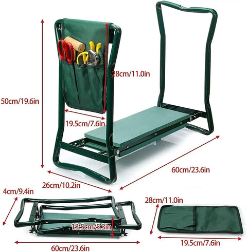 Your Go To Garden Kneeler Seat Folding 2 In 1 Kneeling Chair With Handles And Foam Padded Seat Garden Bench Easy Weeding And Pruning Gift Ready Durable Lightweight Design With Wide Comfort Foam Pad For All Day Use, shown folded and unfolded with attached tool pouch.