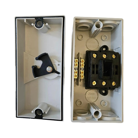 Interior view of the Beefy Outdoor Disconnect Switch Box 440V 63A 3P Enclosed Safety Isolator, showing wiring components.