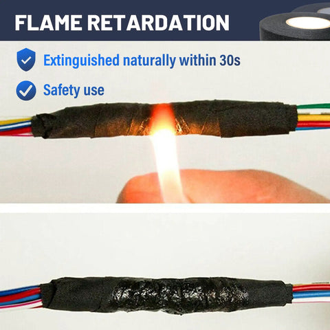 High Temp Wiring Harness Tape For Auto Interiors And Engine Bays Self Adhesive Fabric Cable Loom Wrap Built To Cut Noise And Protect Dash Harnesses Durable Three Quarter Inch By Fifty Feet Five Roll Pack shown resisting flame on wires