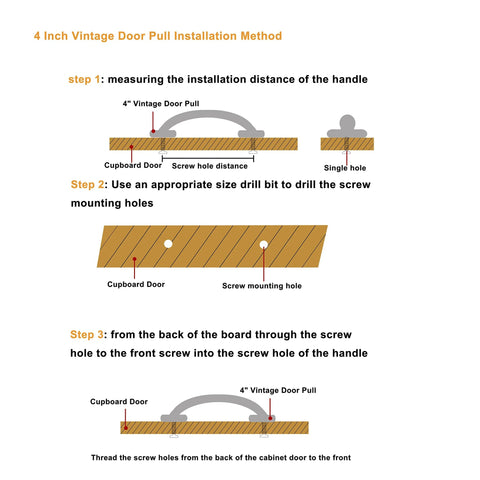 Installation guide for 4 inch vintage door pull on cupboard door with drilling instructions and screw placement.