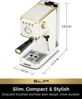 Slick Compact Espresso Maker With Crackin Hot 30 Second Heat Up And 20 Bar Italian Pump For Rich Crema Lattes Featuring Pro Milk Frothing Wand In Sleek White And Gold, dimensions 12.5 in x 5.5 in x 11.7 in.
