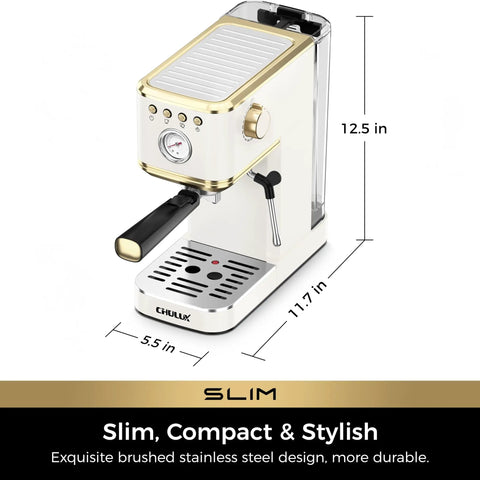 Slick Compact Espresso Maker With Crackin Hot 30 Second Heat Up And 20 Bar Italian Pump For Rich Crema Lattes Featuring Pro Milk Frothing Wand In Sleek White And Gold, dimensions 12.5 in x 5.5 in x 11.7 in.