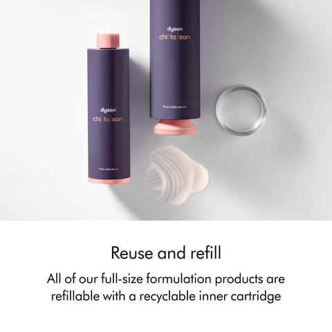 Chitosan Post Style Hair Serum bottle with recyclable inner cartridge for all hair types with all-day hold and frizz-free finish.