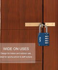 4 Digit Outdoor Waterproof Padlock, No Key Needed, Heavy Duty Combination Lock securing wooden doors, weatherproof steel in dark blue.