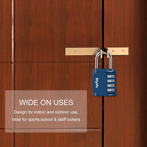 4 Digit Outdoor Waterproof Padlock, No Key Needed, Heavy Duty Combination Lock securing wooden doors, weatherproof steel in dark blue.