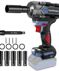 Husky 1/2 Inch Cordless Impact Wrench With Brushless Motor For 740 Ft-Lbs High Torque Power, shown with accessories and battery.