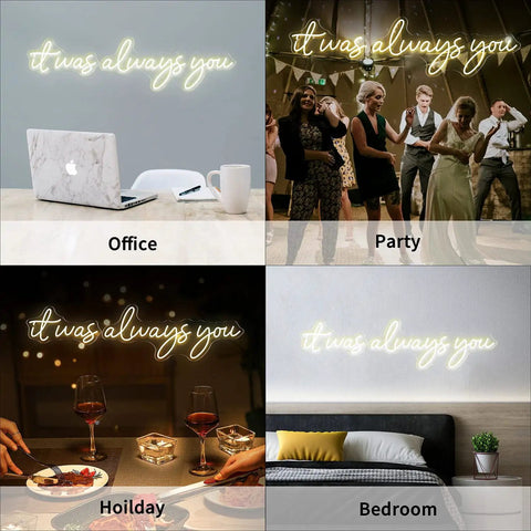 It Was Always You Neon Sign 36 Inch White Neon Night Light Dimmable Wall Decor For Bedroom Living Room Bar Party Club Wedding Girls Birthday Wall Light Decor Reusable Soft Silicone LED Warm White Cozy Vibe, shown in different settings.