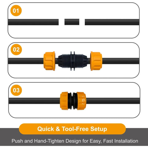 Ditch Leaky Hoses And Get This Ultimate Garden Hose Repair Kit With 3 Durable Fittings For All Your 1/2 Inch To 3/4 Inch Water Lines That Make Splicing And Extending A Total Piece Of Cake For Any Outdoor DIY Project. black hose repair kit with orange fittings, quick push-on setup for 1/2 to 3/4 inch water lines