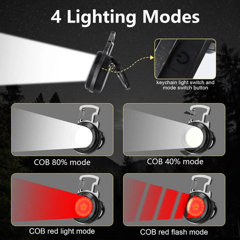 4 lighting modes of 2 Pack 1000 Lumen EDC Keychain Flashlight With COB Work Light And Bottle Opener Magnetic Bracket Folding Pocket Light
