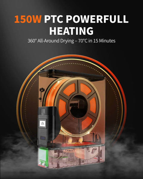 Split Design Filament Dryer Box For 3D Printers with 150W PTC Heating to 70C, showing transparent view of filament storage and humidity monitor.