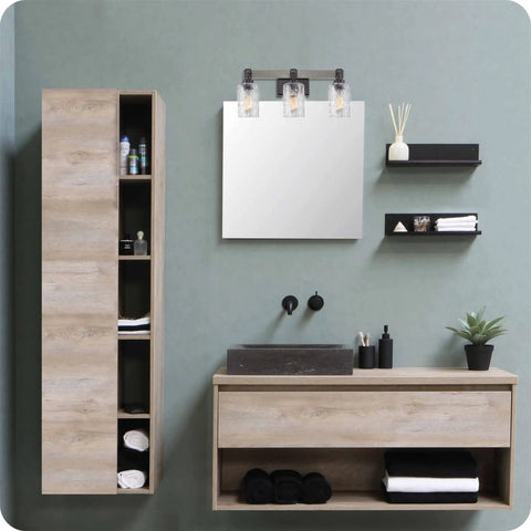 Ashland 24 Inch 3 Light Farmhouse Vanity Light With Hammered Glass Shades In Gray Oak Finish above bathroom mirror