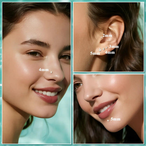 4 Pairs 16G Flat Back Stud Earrings Set in Hypoallergenic Surgical Steel With Four Sizes 2mm 3mm 4mm 5mm And Pin Lengths 6mm 6mm 7mm 8mm For Everyday Wear And All Day Comfort. 2mm 3mm 4mm 5mm flat back studs on model