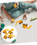 Child playing with 4 Pack Adorable Construction Truck Set With Realistic Front End Loader Models on a floor mat.