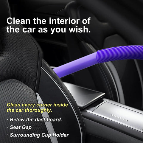 Flexible Dryer Vent Lint Removal Kit For Dyson Handheld Vacuums in use, cleaning car interior crevices with purple hose