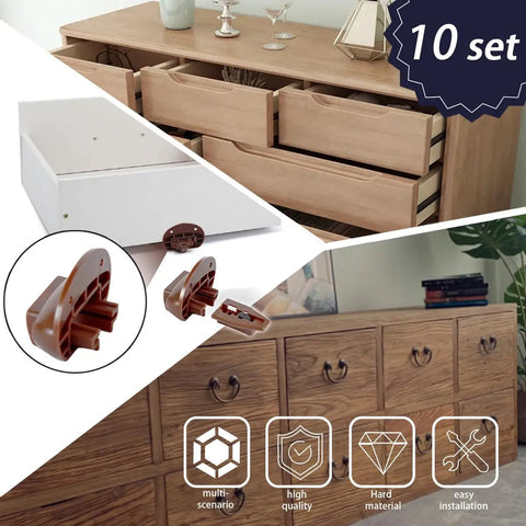 Heavy Duty Brown Plastic Drawer Slide Glides 10 Piece Center Rail Repair Kit for Vaughan Bassett dressers on a wooden dresser.