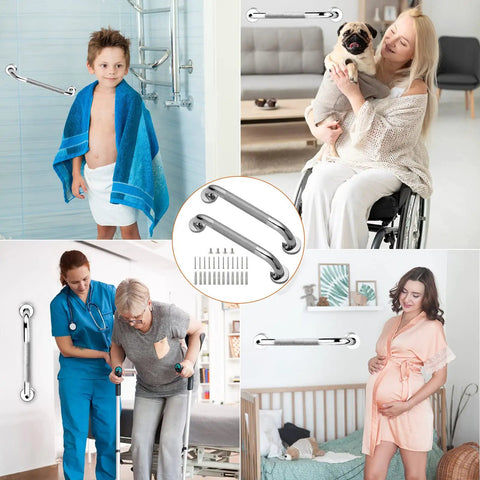 Collage showing uses of 2 Pack 12 Inch 304 Stainless Steel Shower Grab Bars, Anti Slip Handicap Handrails for seniors and assistive support
