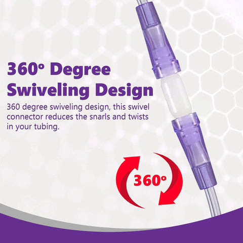 Close-up of purple plastic oxygen tubing swivel connector with 360-degree swivel; 10-pack
