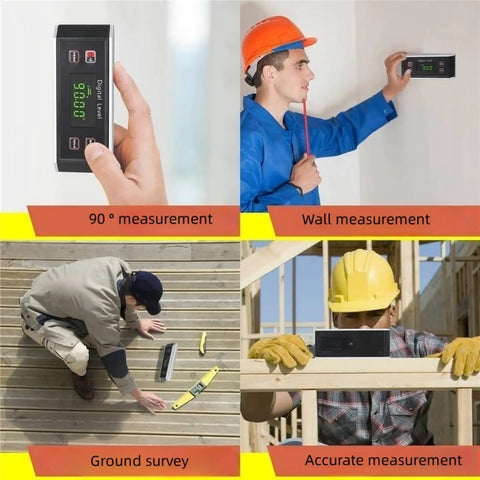Built Tough Digital Angle Finder With V Groove Magnetic Base And Bright Backlight Hella Precise IP65 Waterproof Smart Level Protractor Gauge in use for 90° and wall measurements.
